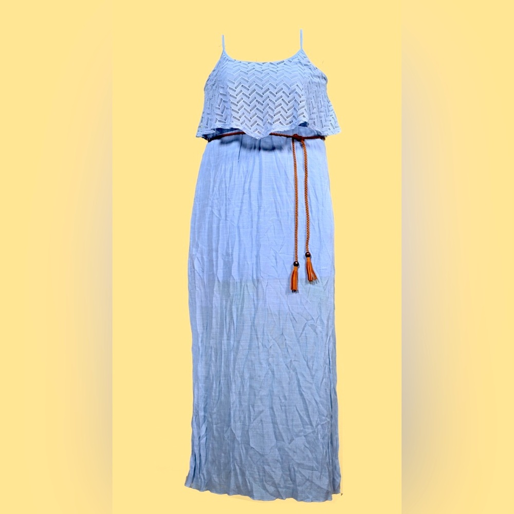 Light blue maxi dress with ruffle around bust comes with belt